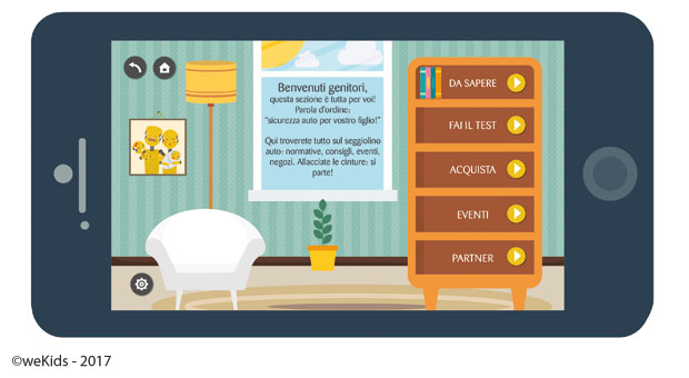 Vai sul sicuro, l'App per bambini sulla sicurezza in auto dei bambini - schermata di gioco area genitori - cercaseggiolini 2017