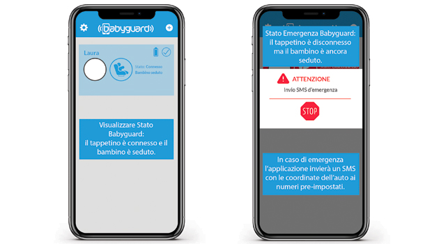 Segnalazione dell'app su utilizzo corretto o non corretto del dispositivo Babyguard