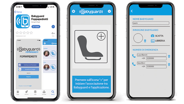 Le schermate dello smartphone durante l'associazione fra il dispositivo Babyguard e l'App