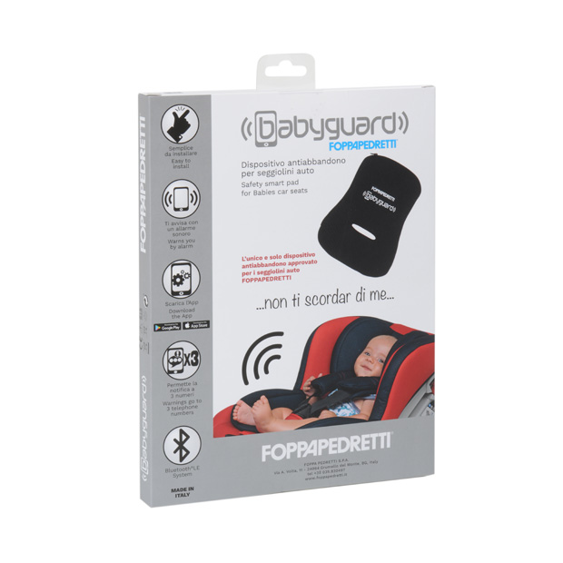 La scatola che contiene il dispositivo anti abbandono Foppapedretti Babyguard