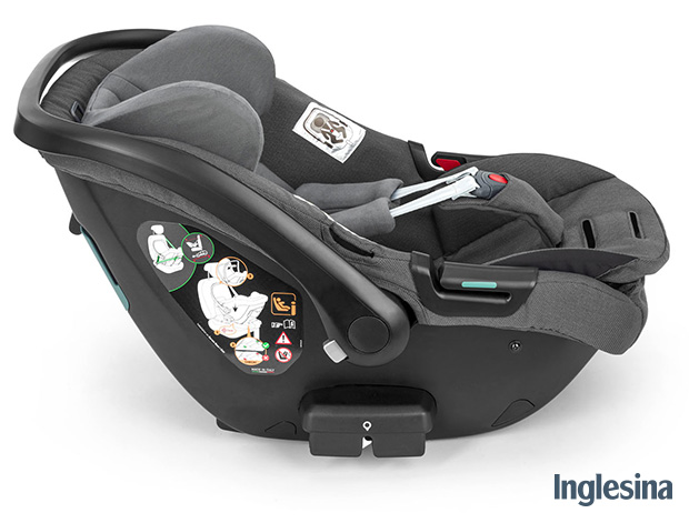 Inglesina Darwin Infant Recline - Vista laterale del seggiolino con schienale e poggiapiedi reclinati