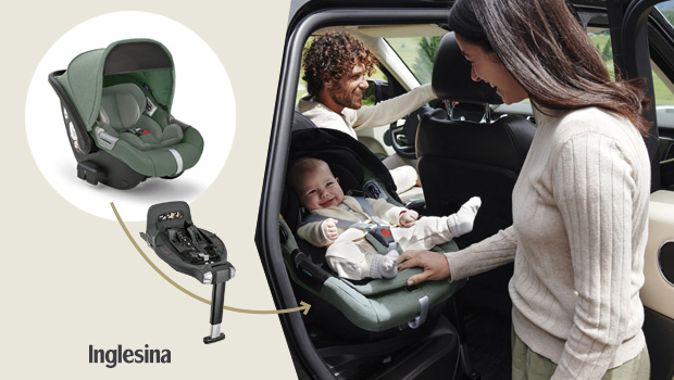 Inglesina Darwin Infant Recline - Vista del seggiolino e dell'aggancio in auto con Base